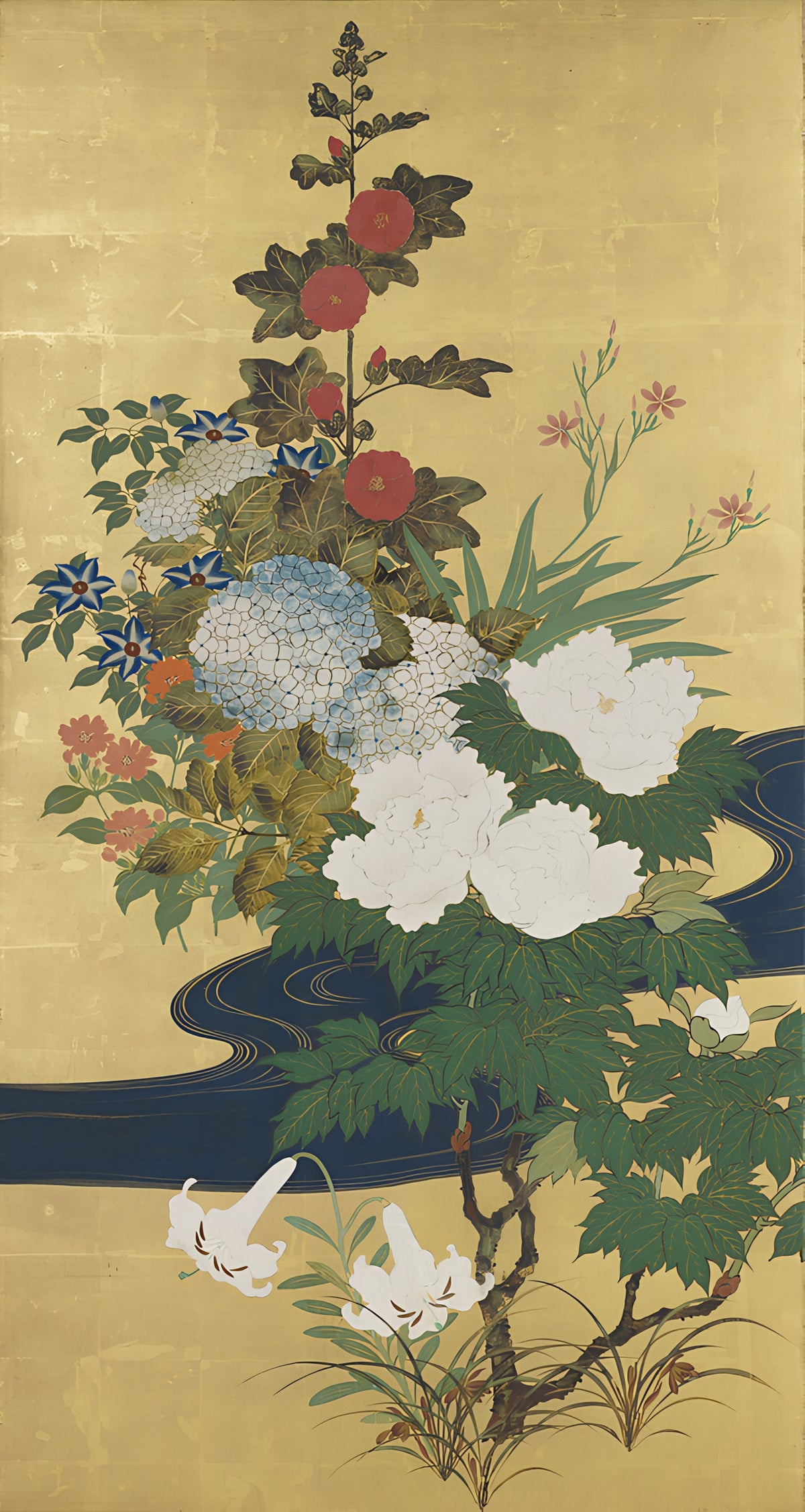 Flowing Water and Seasonal Flowers Screen (detail). Sakai Hōitsu. 19th century, Edo period