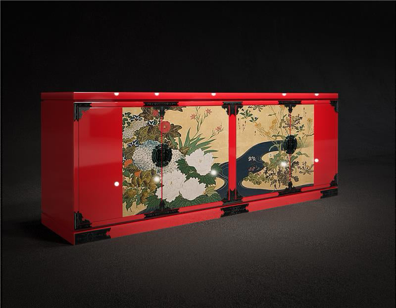 Shinsei Bloom (晨星の華) Low Cabinet. Product view. Vermillion（赤）