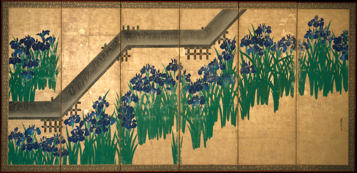 Irises at Yatsuhashi (Eight Bridges). Ogata Kōrin. After 1709