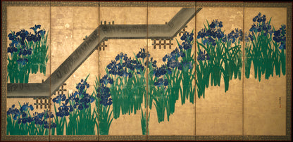 Related artistic reference. Irises at Yatsuhashi (Eight Bridges). Ogata Kōrin. After 1709