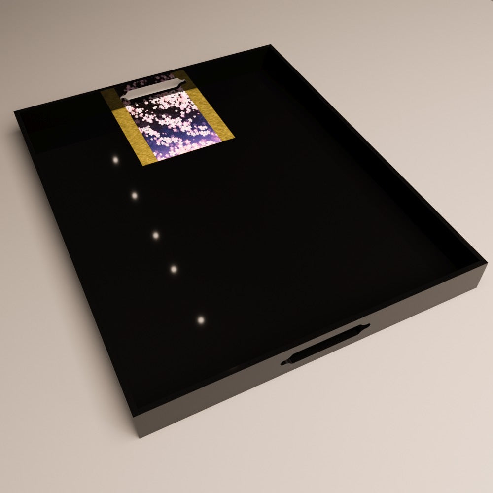 Yūzen Harmony Tray. Product view. Sakura Fubuki (桜吹雪) / Shikkoku Jet Black (漆黒)
