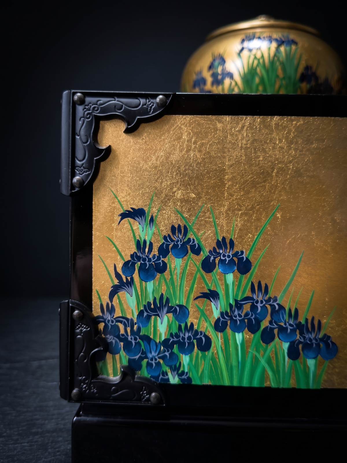 Iris imagery, lacquer and metal fittings on a Kosei Art Go board