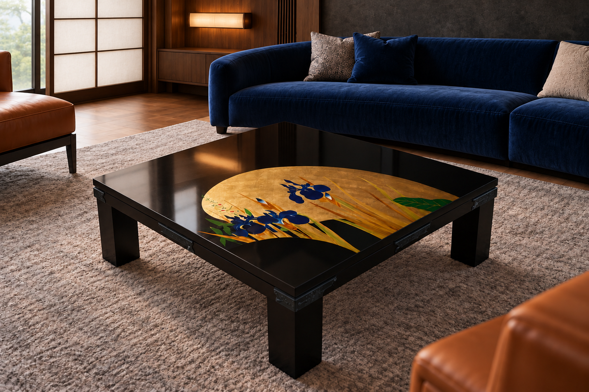 Kuro Iris black lacquer center table in a contemporary living room — styled concept image
