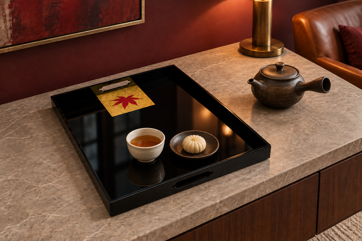 Momiji Reflections Tray. Styled concept. Shikkoku Jet Black (漆黒) / Hitoha Single Leaf（一葉）. Room furnishings and props are not included.