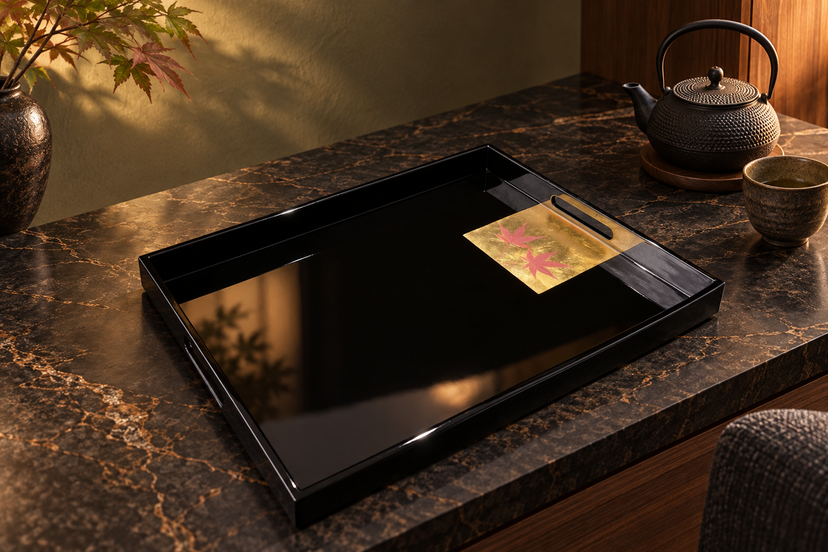 Momiji Reflections Tray. Styled concept. Shikkoku Jet Black (漆黒) / Futaha Double Leaf（二葉）. Room furnishings and props are not included.