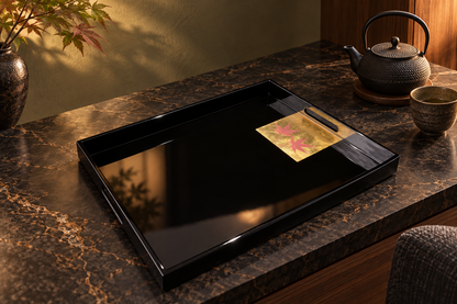 Momiji Reflections Tray. Styled concept. Shikkoku Jet Black (漆黒) / Futaha Double Leaf（二葉）. Room furnishings and props are not included.