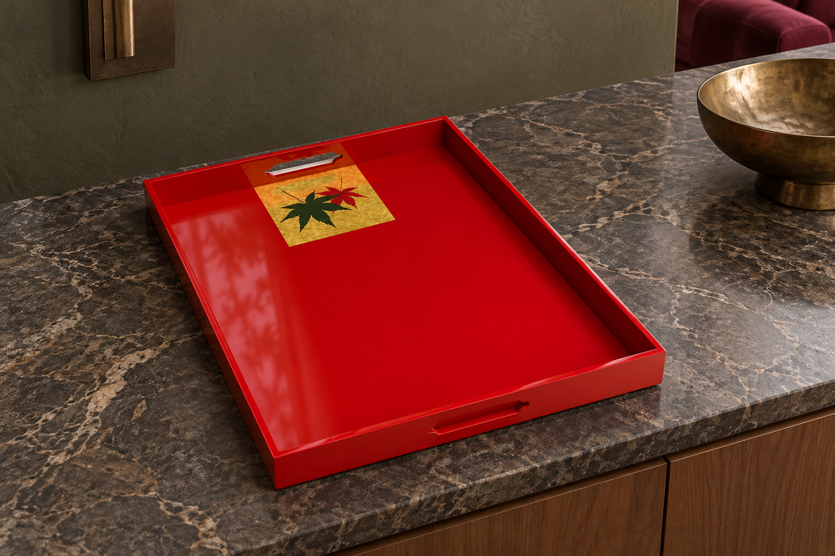 Momiji Reflections Tray — Momiji Red (紅葉朱) / Futaha Double Leaf（二葉） in a contemporary home, styled concept image