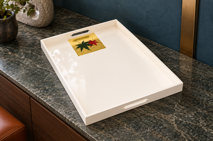 Momiji Reflections Tray. Styled concept. Shirayuki White Snow（白雪） / Futaha Double Leaf（二葉）. Room furnishings and props are not included.