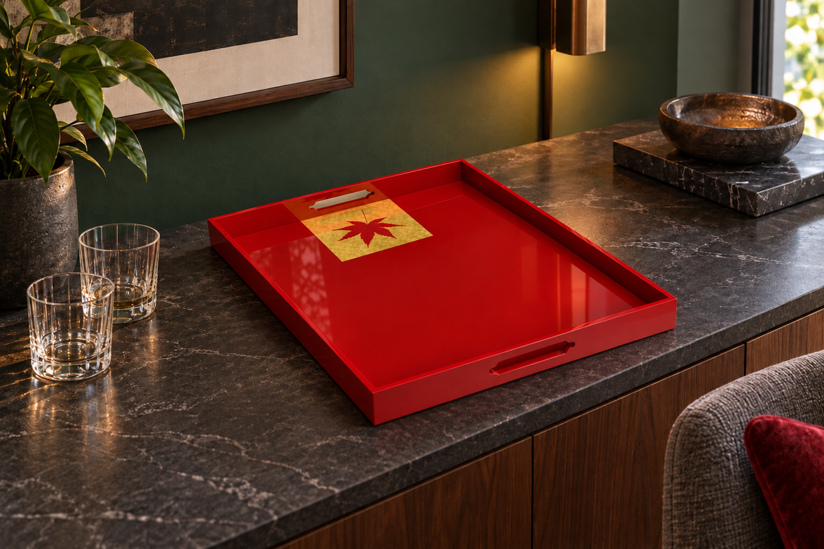 Momiji Reflections Tray — Momiji Red (紅葉朱) / Hitoha Single Leaf（一葉） in a contemporary home, styled concept image