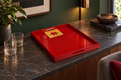 Momiji Reflections Tray. Styled concept. Momiji Red (紅葉朱) / Hitoha Single Leaf（一葉）. Room furnishings and props are not included.