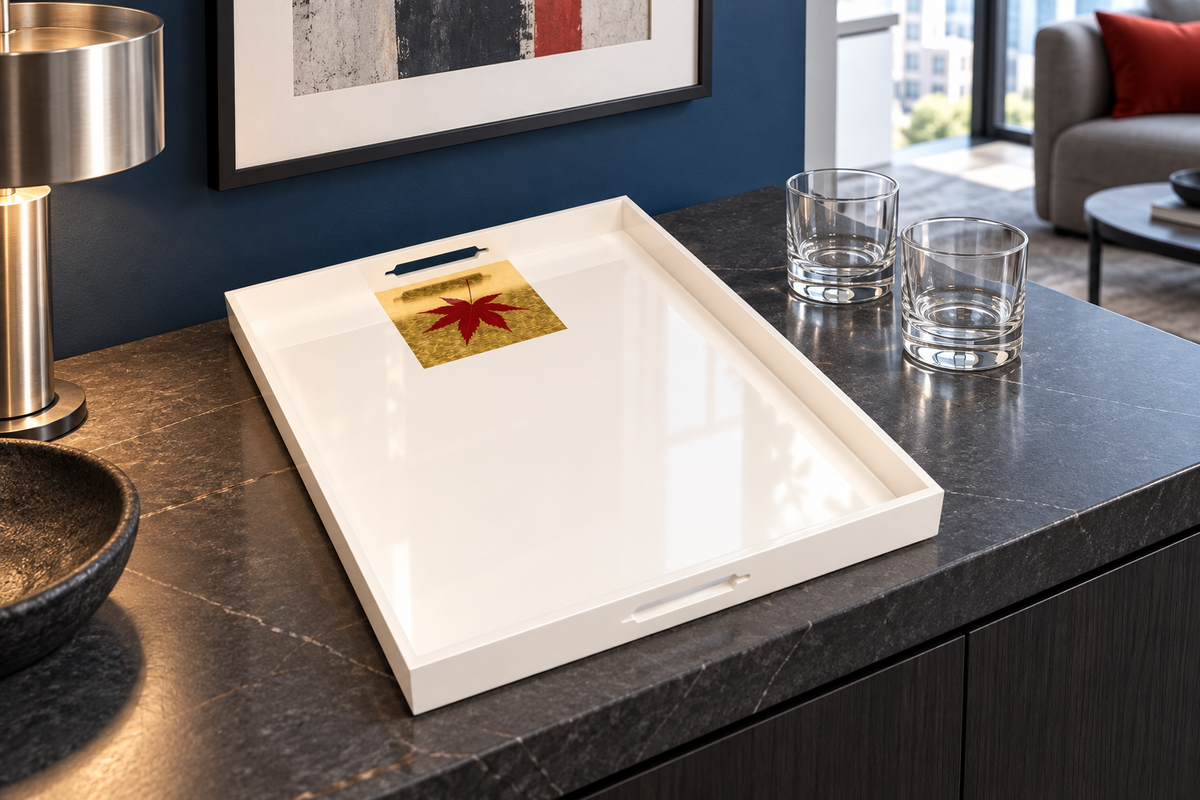 Momiji Reflections Tray — Shirayuki White Snow（白雪） / Hitoha Single Leaf（一葉） in a contemporary home, styled concept image