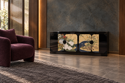 Shinsei Bloom (晨星の華) Low Cabinet. Styled concept. Kuro（黒）. Room furnishings and props are not included.