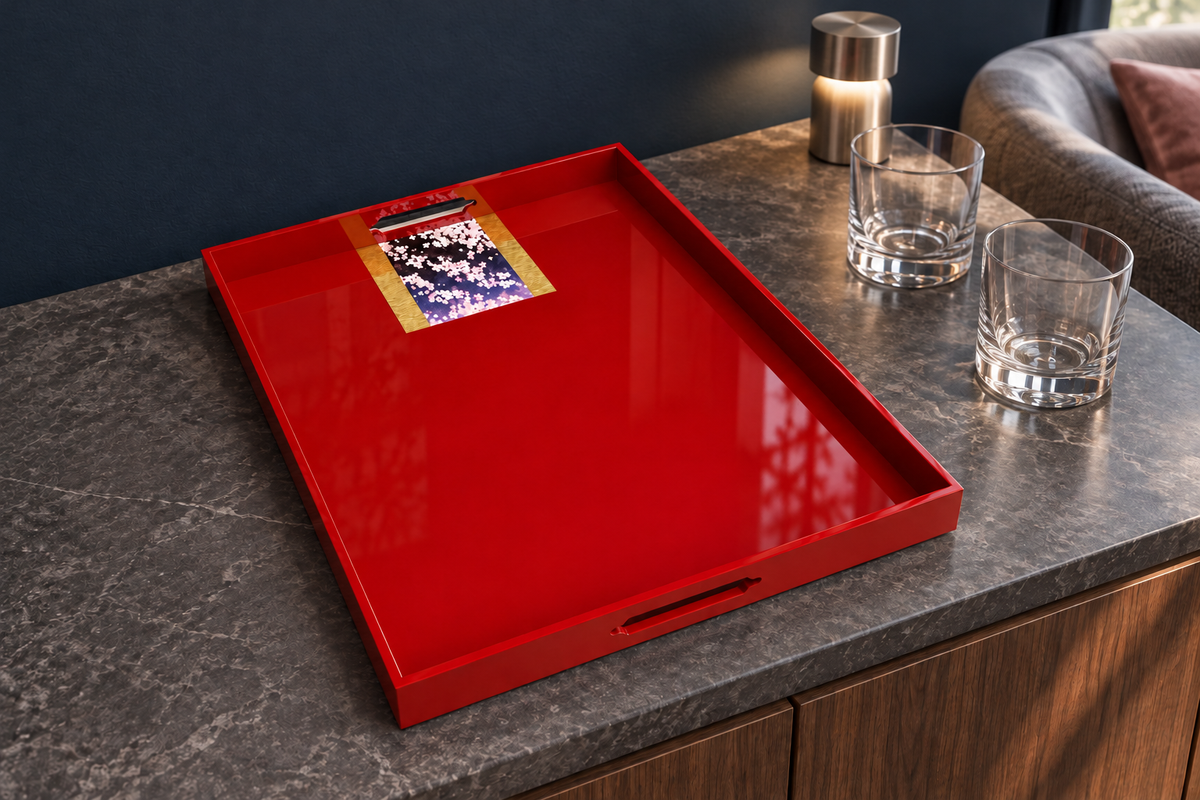 Yūzen Harmony Tray. Styled concept. Sakura Fubuki (桜吹雪) / Momiji Red (紅葉朱). Room furnishings and props are not included.