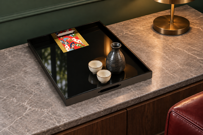 Yūzen Harmony Tray. Styled concept. Utage (宴) / Shikkoku Jet Black (漆黒). Room furnishings and props are not included.