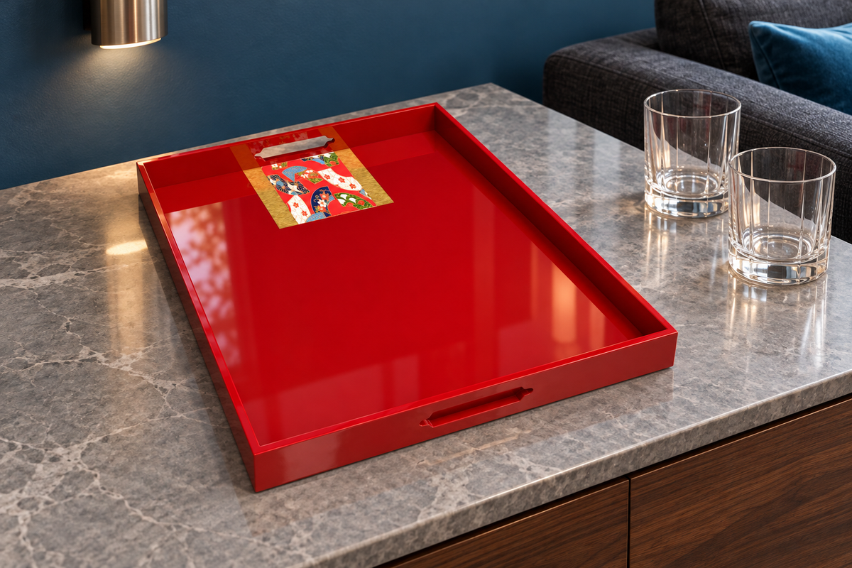 Yūzen Harmony Tray — Utage (宴) / Momiji Red (紅葉朱) in a contemporary home, styled concept image